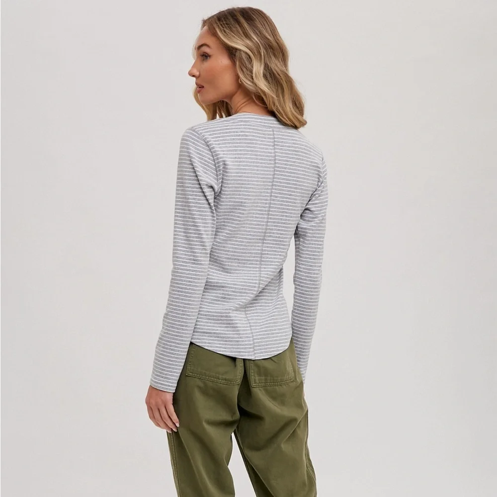 Striped Long Sleeve Henley Knit Top with Buttons - Picture 2 of 2